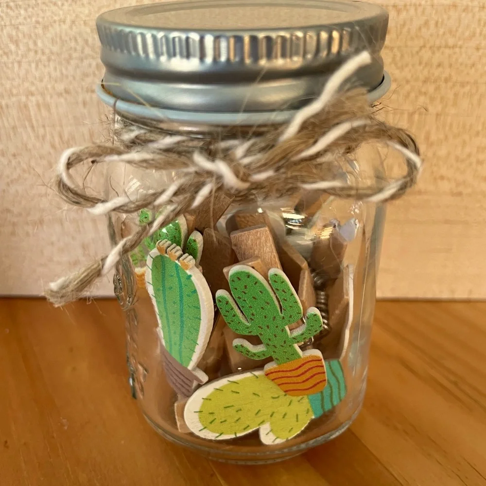 NWT “love” mini mason jar filled w/10 tiny wooden clothespin clips